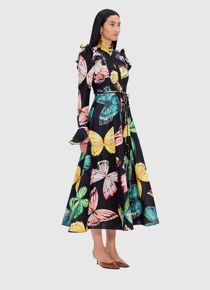 Women LEO LIN Katrina Butterfly Sleeve Midi Dress 8211 Papillon Print in Black Dresses and Jumpsuits