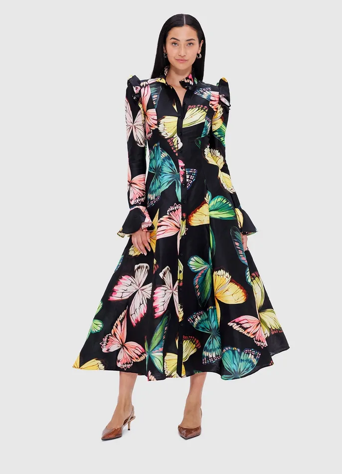 Women LEO LIN Katrina Butterfly Sleeve Midi Dress 8211 Papillon Print in Black Dresses and Jumpsuits