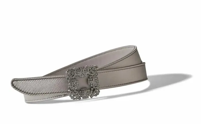 Women Light Grey Satin Crystal Buckled Belt Manolo Blahnik Belts