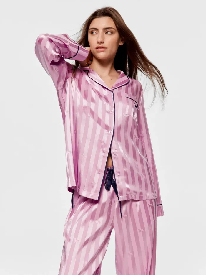 Women Lilac Penny Stripe Chic Satin Long Sleeve Pj Set Lilac Peter Alexander Satin