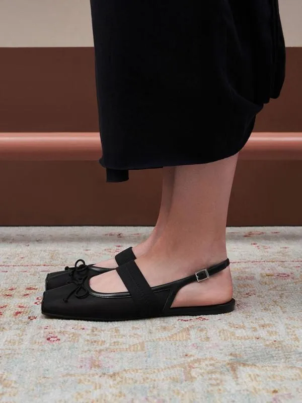 Women Lyric Mesh and Satin Bow Slingback Flats 8211 Black Textured CHARLES and KEITH Ballet Flats
