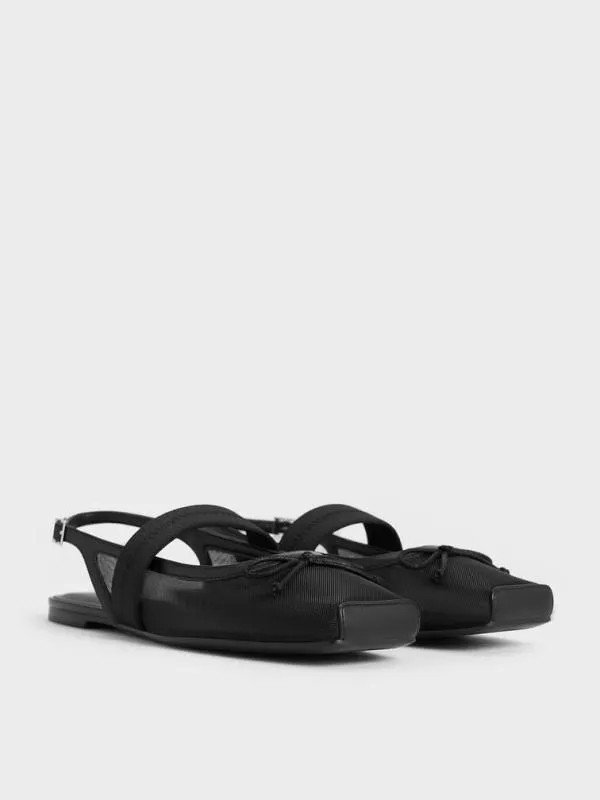 Women Lyric Mesh and Satin Bow Slingback Flats 8211 Black Textured CHARLES and KEITH Ballet Flats