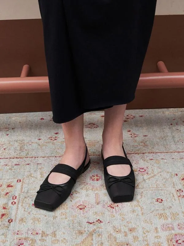 Women Lyric Mesh and Satin Bow Slingback Flats 8211 Black Textured CHARLES and KEITH Ballet Flats
