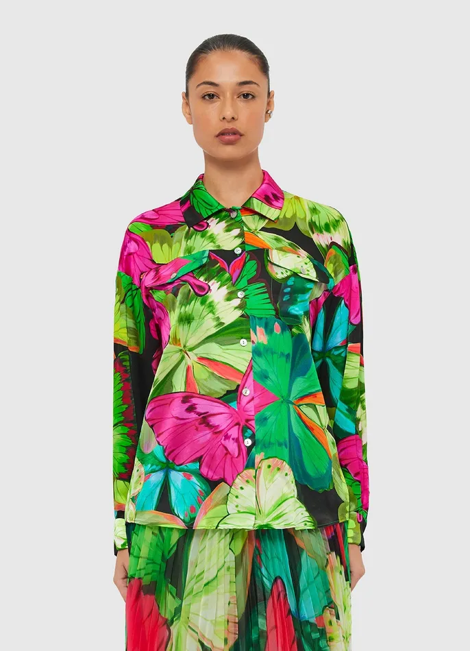 Women Mariella Blouse 8211 Papillon Print in Green Tops and Shirts LEO LIN