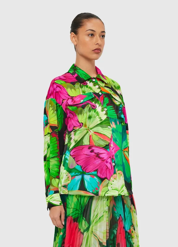 Women Mariella Blouse 8211 Papillon Print in Green Tops and Shirts LEO LIN