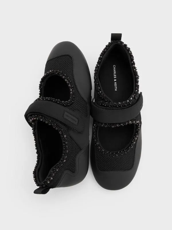 Women Mesh PearlEmbellished Mary Jane Sneakers 8211 Black Textured CHARLES and KEITH Sneakers