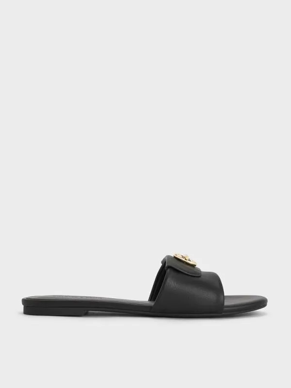Women MetallicAccent Slide Sandals 8211 Black CHARLES and KEITH Sandals