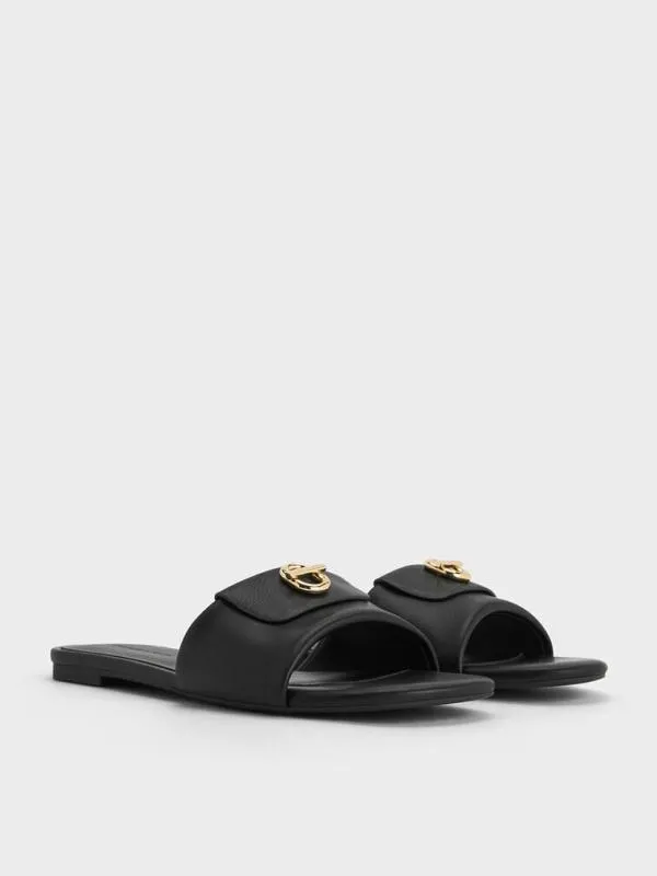 Women MetallicAccent Slide Sandals 8211 Black CHARLES and KEITH Sandals