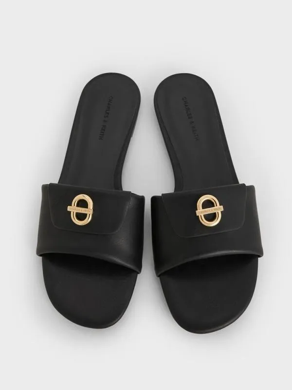 Women MetallicAccent Slide Sandals 8211 Black CHARLES and KEITH Sandals