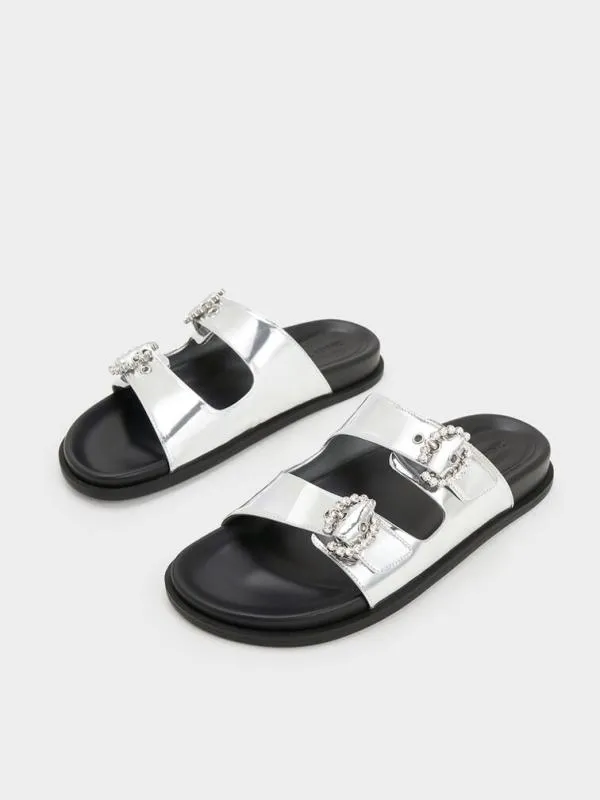 Women Metallic Embellished Buckle Sandals 8211 Silver CHARLES and KEITH Sandals