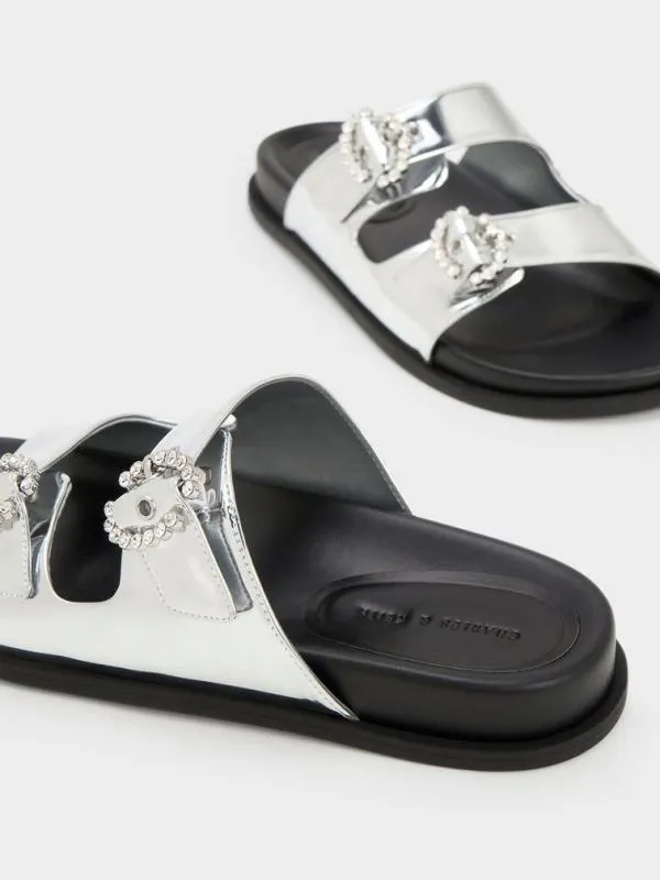 Women Metallic Embellished Buckle Sandals 8211 Silver CHARLES and KEITH Sandals