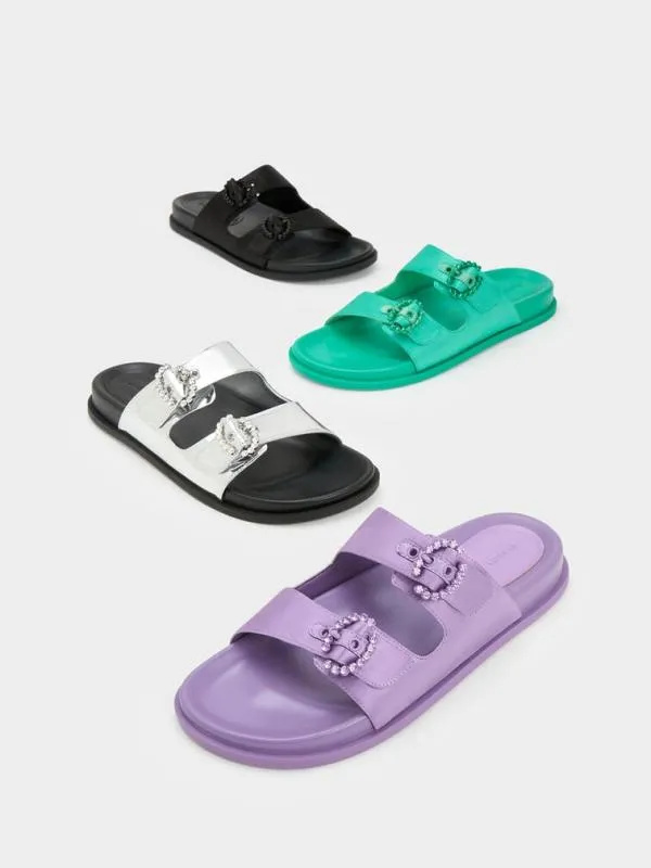 Women Metallic Embellished Buckle Sandals 8211 Silver CHARLES and KEITH Sandals