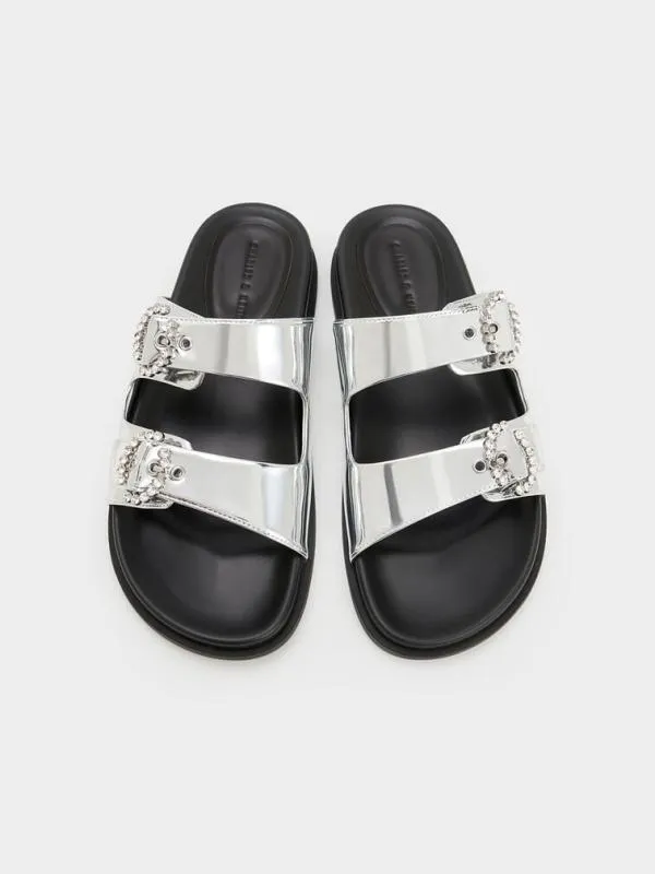 Women Metallic Embellished Buckle Sandals 8211 Silver CHARLES and KEITH Sandals