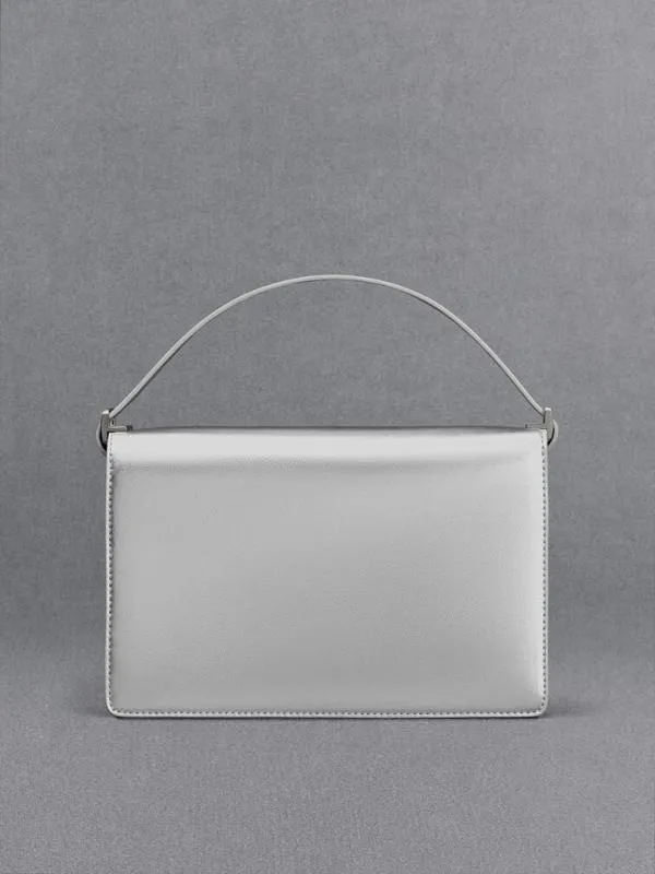 Women Metallic Leather Shoulder Bag 8211 Silver CHARLES and KEITH Shoulder Bags