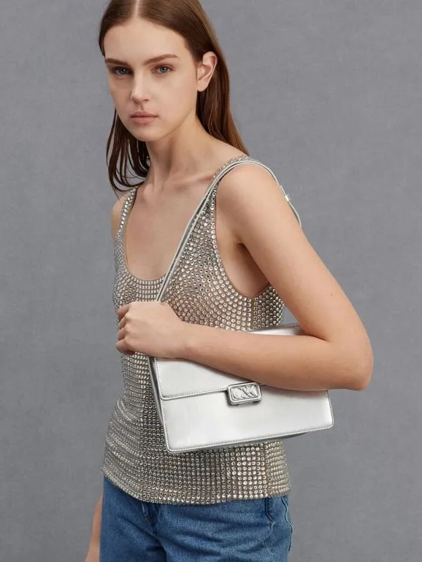 Women Metallic Leather Shoulder Bag 8211 Silver CHARLES and KEITH Shoulder Bags