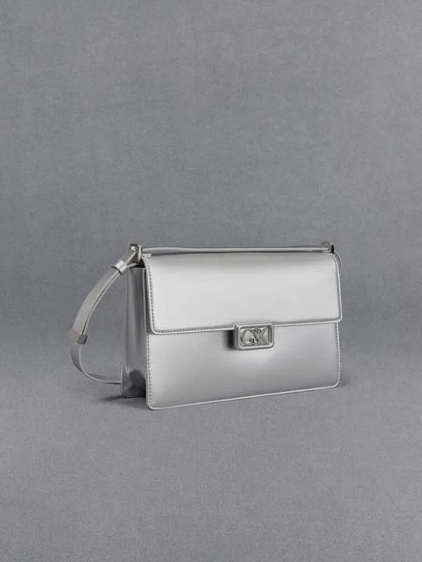 Women Metallic Leather Shoulder Bag 8211 Silver CHARLES and KEITH Shoulder Bags