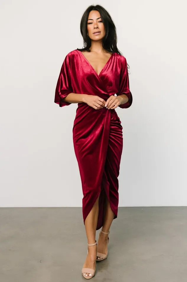 Women Midi Dresses Baltic Born Brendyn Ruched Velvet Dress Wine Women Midi Dresses Baltic Born Brendyn Ruched Velvet Dress Wine
