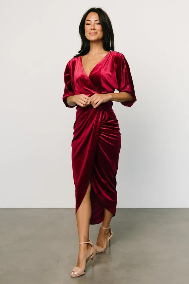 Women Midi Dresses Baltic Born Brendyn Ruched Velvet Dress Wine Women Midi Dresses Baltic Born Brendyn Ruched Velvet Dress Wine