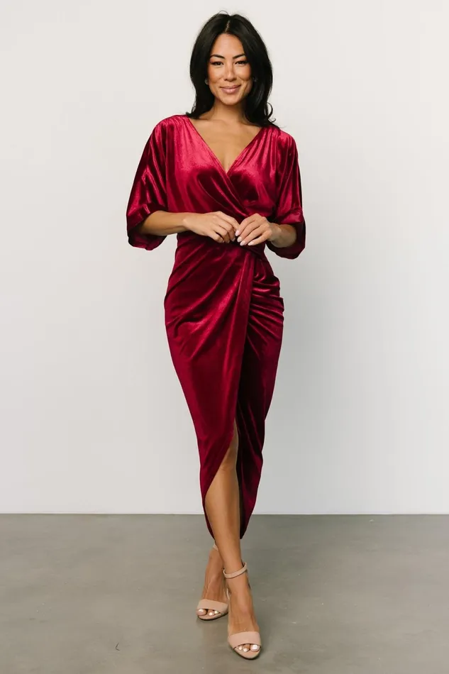 Women Midi Dresses Baltic Born Brendyn Ruched Velvet Dress Wine Women Midi Dresses Baltic Born Brendyn Ruched Velvet Dress Wine