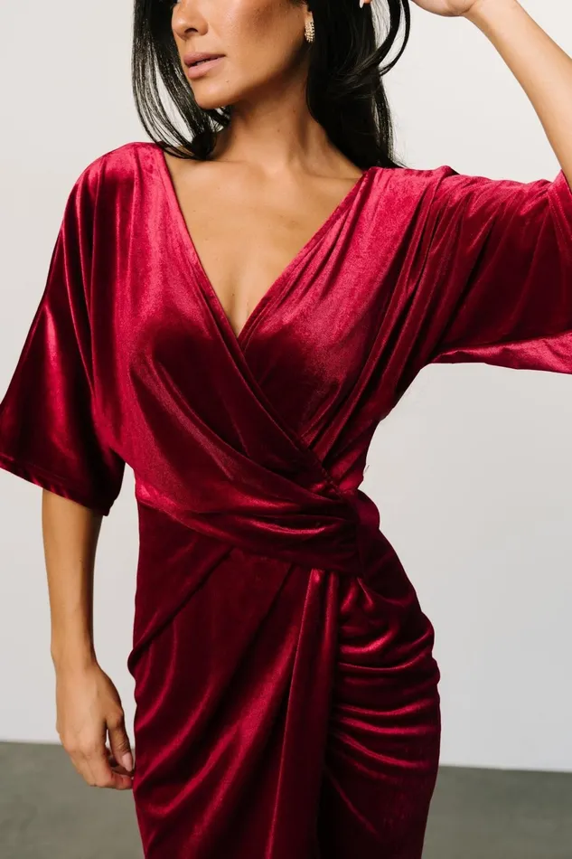 Women Midi Dresses Baltic Born Brendyn Ruched Velvet Dress Wine Women Midi Dresses Baltic Born Brendyn Ruched Velvet Dress Wine