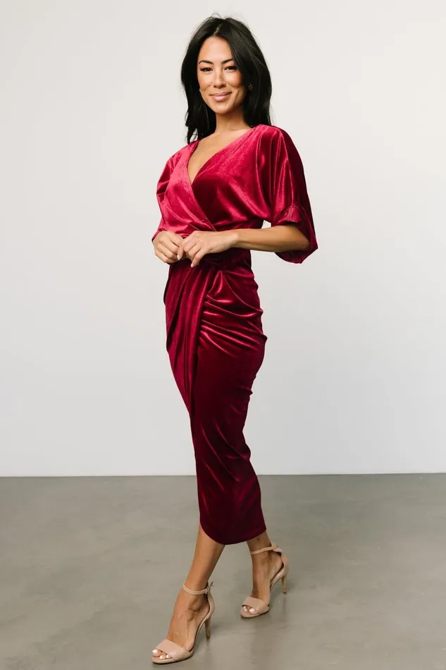 Women Midi Dresses Baltic Born Brendyn Ruched Velvet Dress Wine Women Midi Dresses Baltic Born Brendyn Ruched Velvet Dress Wine