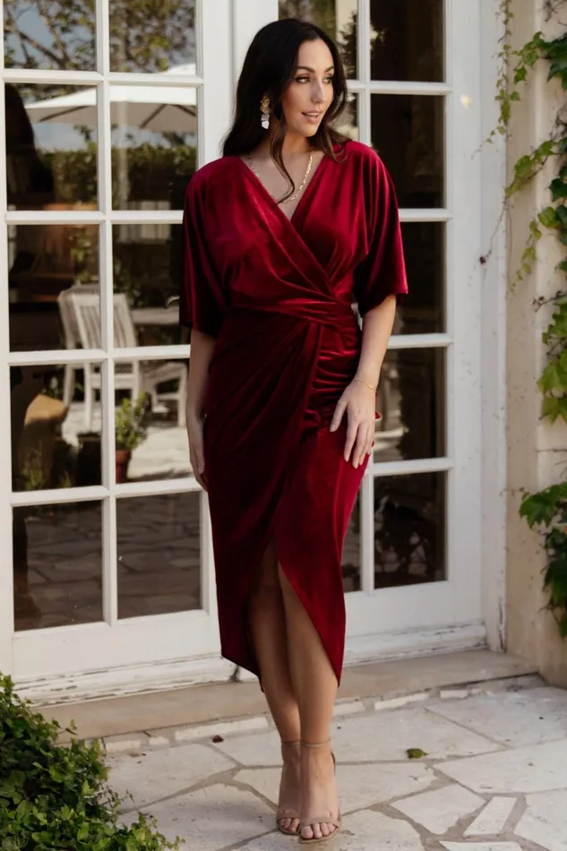 Women Midi Dresses Baltic Born Brendyn Ruched Velvet Dress Wine Women Midi Dresses Baltic Born Brendyn Ruched Velvet Dress Wine