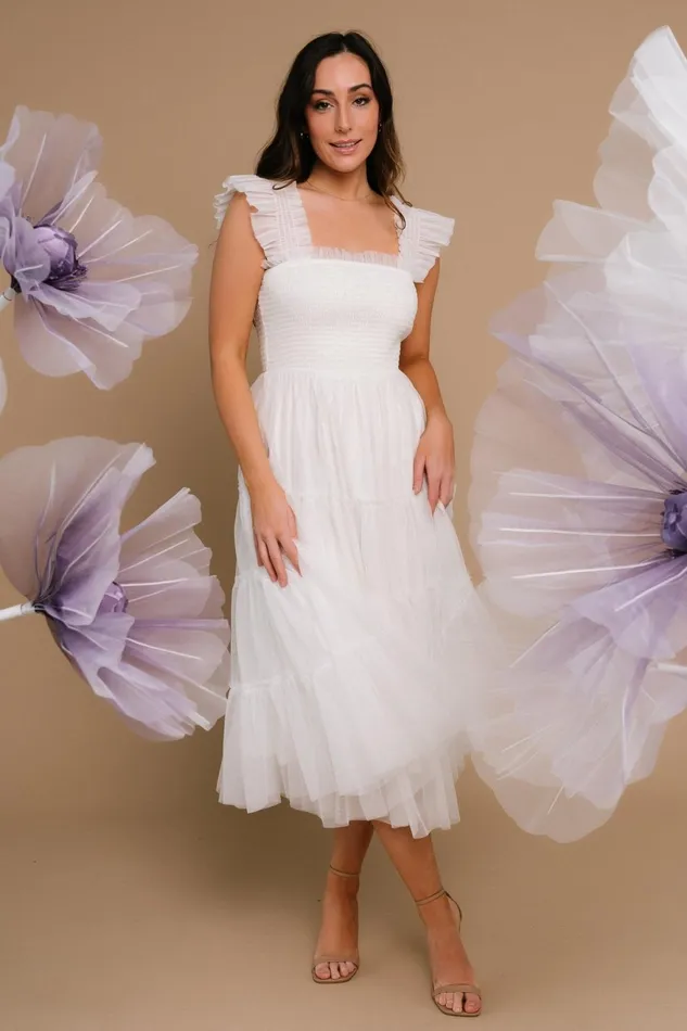 Women Midi Dresses Baltic Born Emma Smocked Tulle Dress Off White