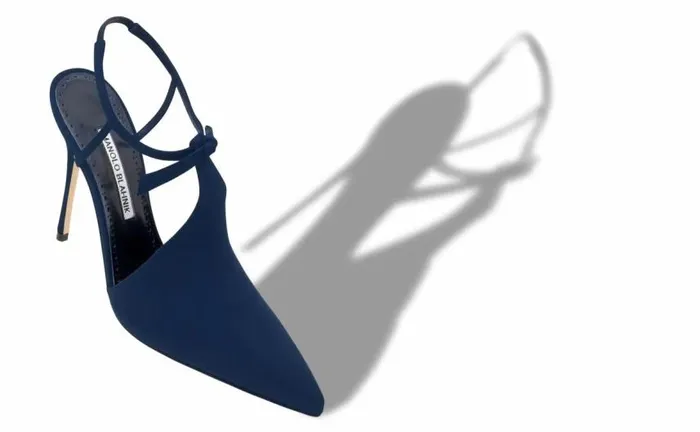 Women Navy Blue Crepe De Chine Ankle Strap Mules Manolo Blahnik Pumps
