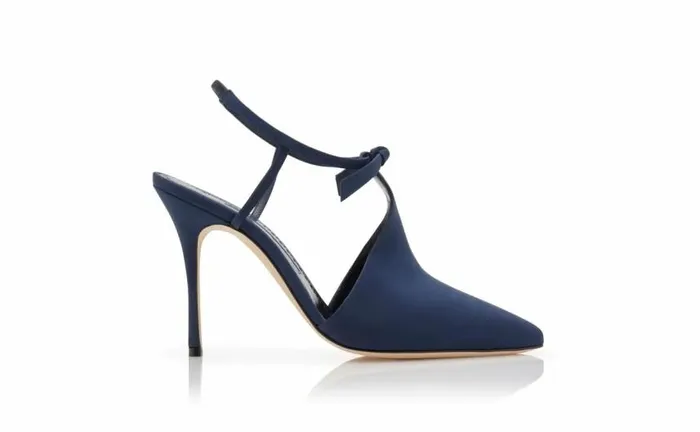 Women Navy Blue Crepe De Chine Ankle Strap Mules Manolo Blahnik Pumps
