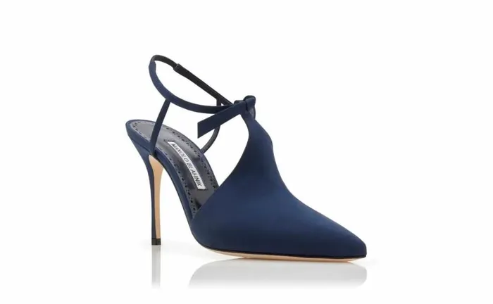 Women Navy Blue Crepe De Chine Ankle Strap Mules Manolo Blahnik Pumps