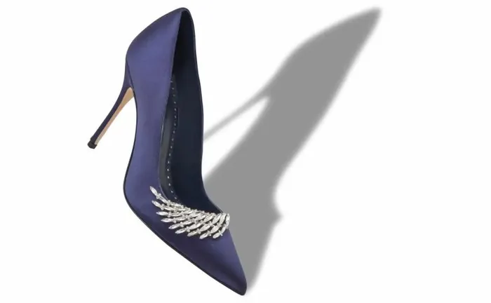 Women Navy Blue Satin Jewel Embellished Pumps Manolo Blahnik Pumps