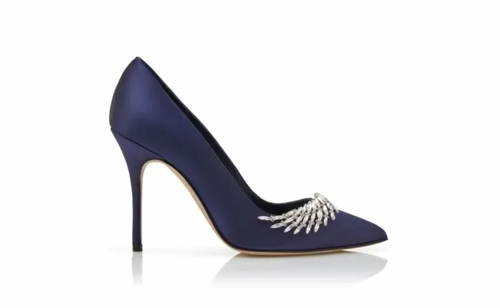 Women Navy Blue Satin Jewel Embellished Pumps Manolo Blahnik Pumps