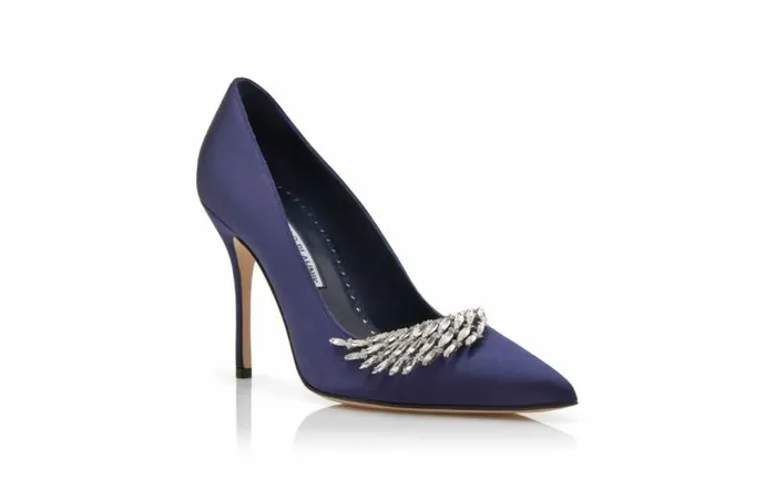 Women Navy Blue Satin Jewel Embellished Pumps Manolo Blahnik Pumps