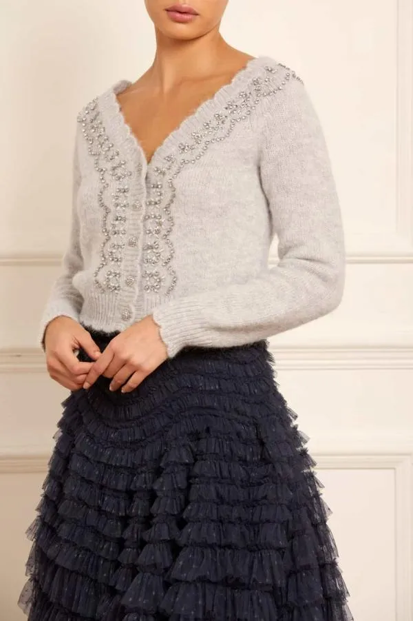 Women Needle and Thread Embellished VNeck Short Cardigan Grey