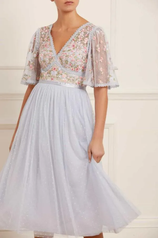 Women Needle and Thread Ribbon Bouquet Bodice Midaxi Dress Blue