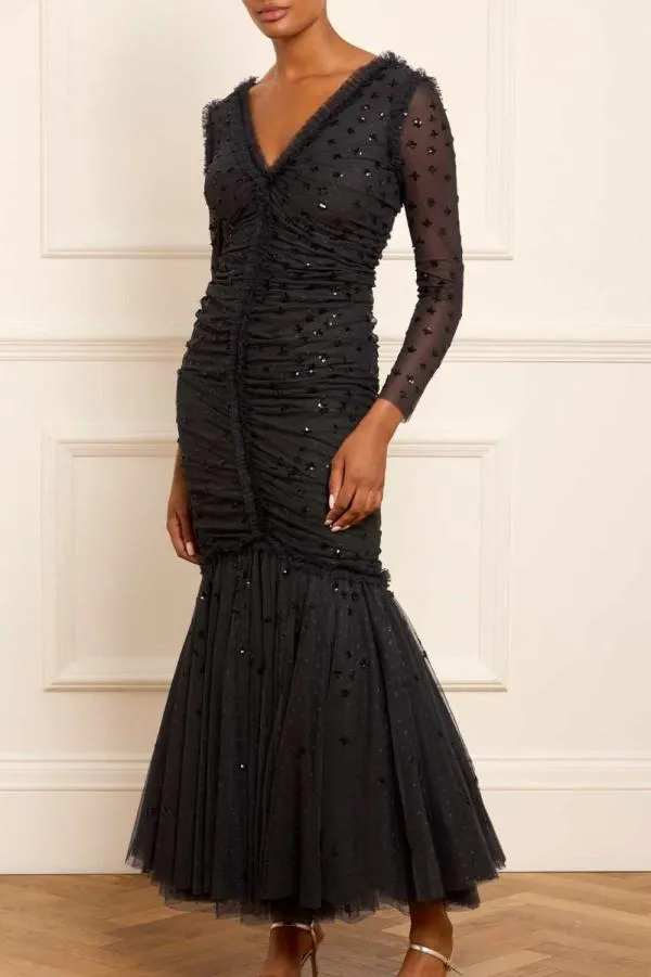 Women Needle and Thread Scatter Sequin Long Sleeve Ankle Gown Black