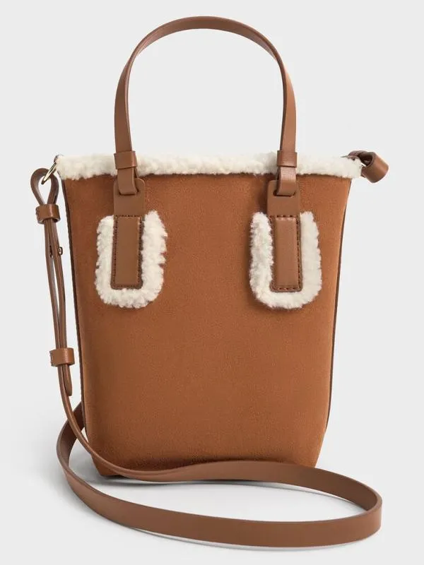 Women Noelle Faux Suede FurTrim Elongated Tote 8211 Brown CHARLES and KEITH Tote Bags