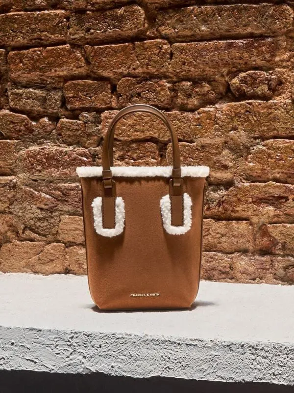 Women Noelle Faux Suede FurTrim Elongated Tote 8211 Brown CHARLES and KEITH Tote Bags