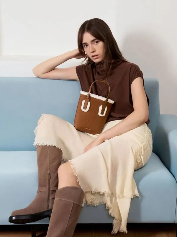 Women Noelle Faux Suede FurTrim Elongated Tote 8211 Brown CHARLES and KEITH Tote Bags