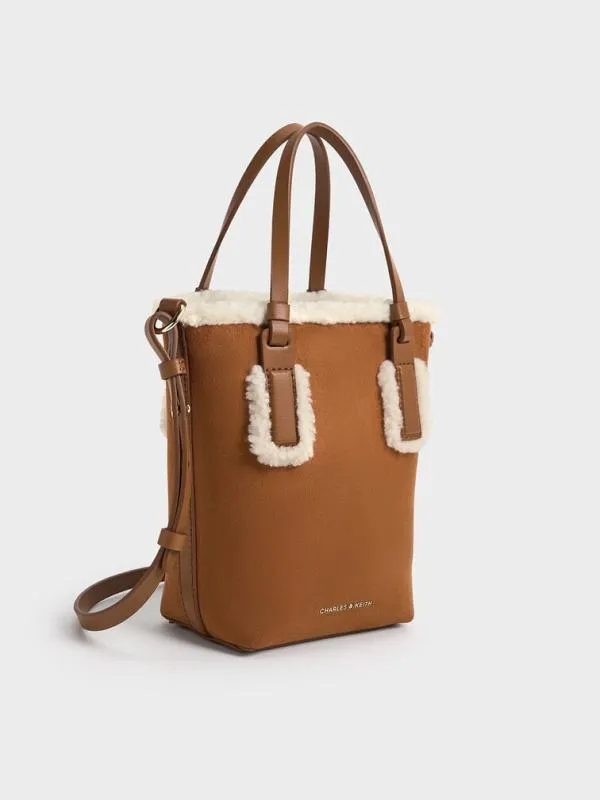 Women Noelle Faux Suede FurTrim Elongated Tote 8211 Brown CHARLES and KEITH Tote Bags
