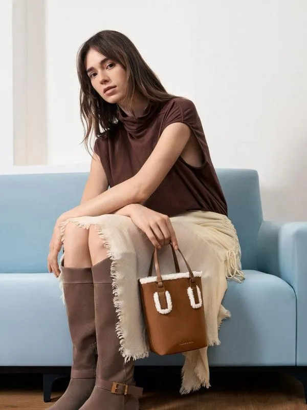 Women Noelle Faux Suede FurTrim Elongated Tote 8211 Brown CHARLES and KEITH Tote Bags