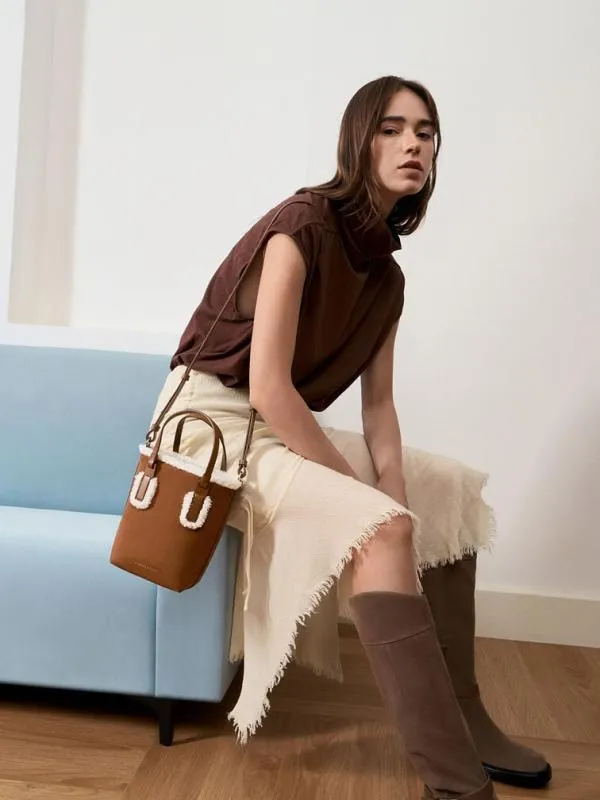 Women Noelle Faux Suede FurTrim Elongated Tote 8211 Brown CHARLES and KEITH Tote Bags