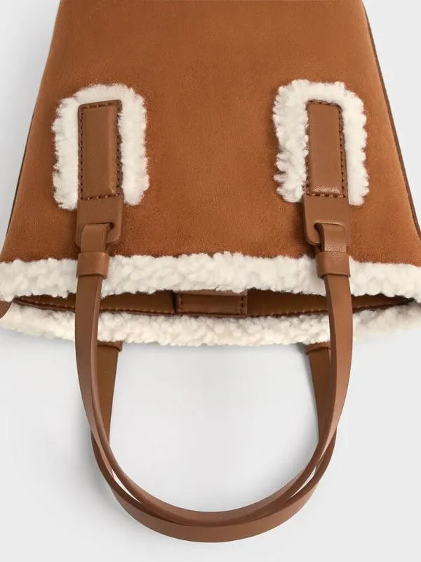 Women Noelle Faux Suede FurTrim Elongated Tote 8211 Brown CHARLES and KEITH Tote Bags