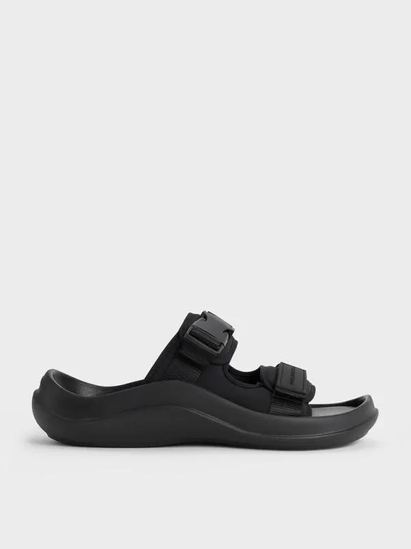 Women Nylon DoubleStrap Sports Sandals 8211 Black Textured CHARLES and KEITH Flats