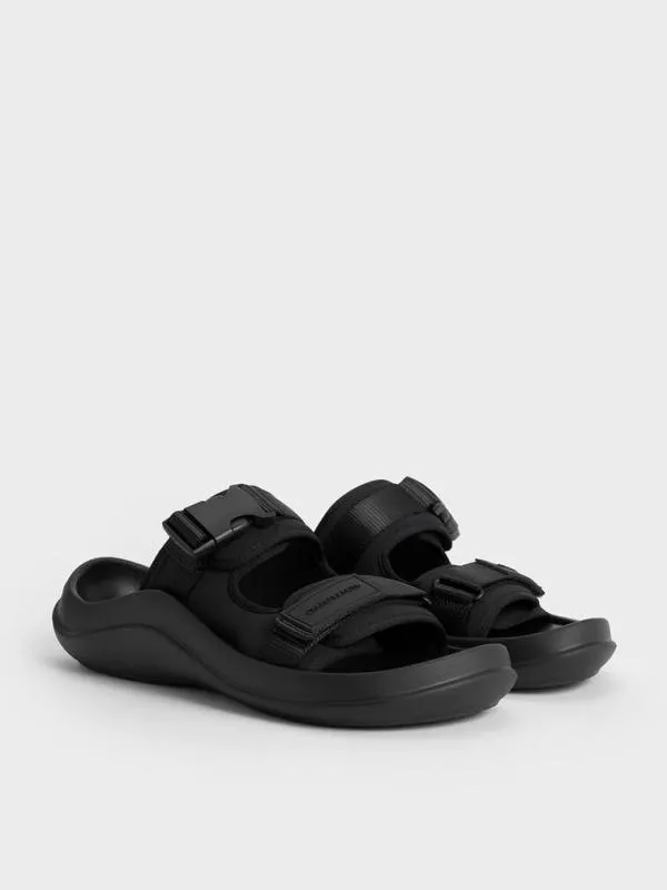 Women Nylon DoubleStrap Sports Sandals 8211 Black Textured CHARLES and KEITH Flats