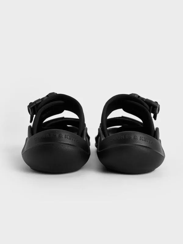 Women Nylon DoubleStrap Sports Sandals 8211 Black Textured CHARLES and KEITH Flats
