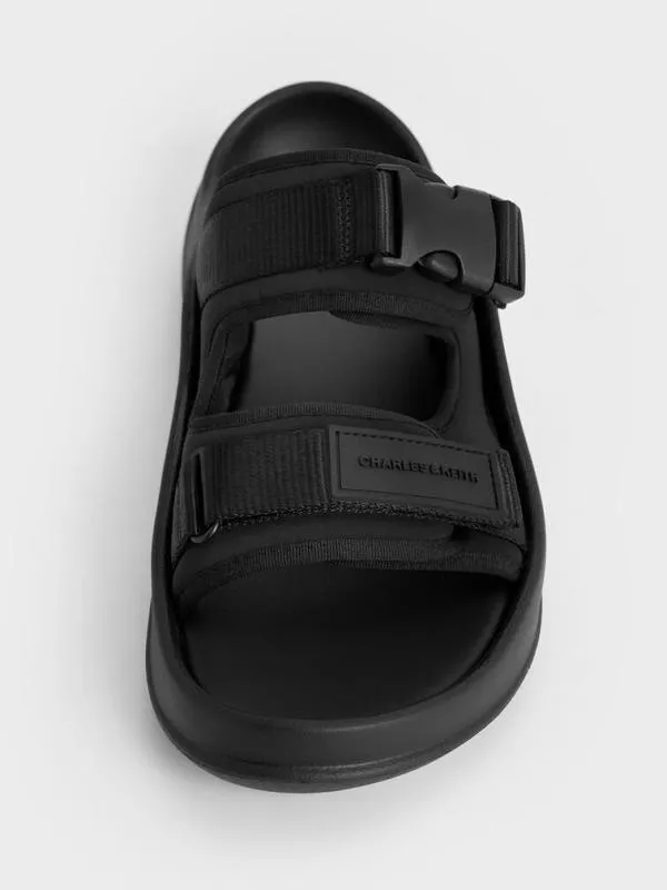 Women Nylon DoubleStrap Sports Sandals 8211 Black Textured CHARLES and KEITH Flats