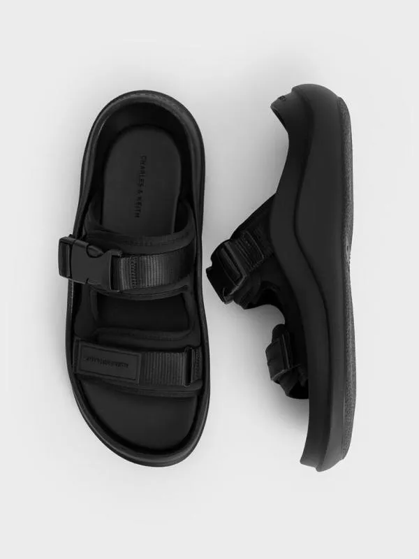 Women Nylon DoubleStrap Sports Sandals 8211 Black Textured CHARLES and KEITH Flats