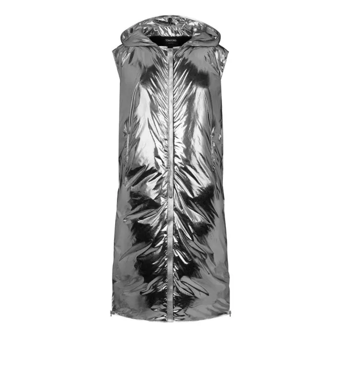 Women Outerwear Tom Ford Long Nylon Puffer With Detachable Sleeves Dark Silver