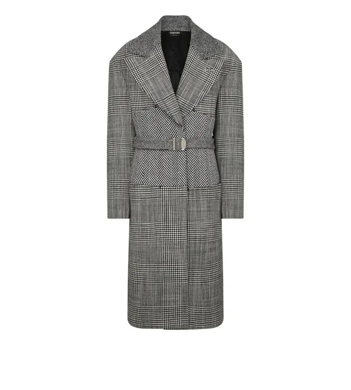 Women Outerwear Tom Ford Wool Patchwork Belted Coat Black Chalk